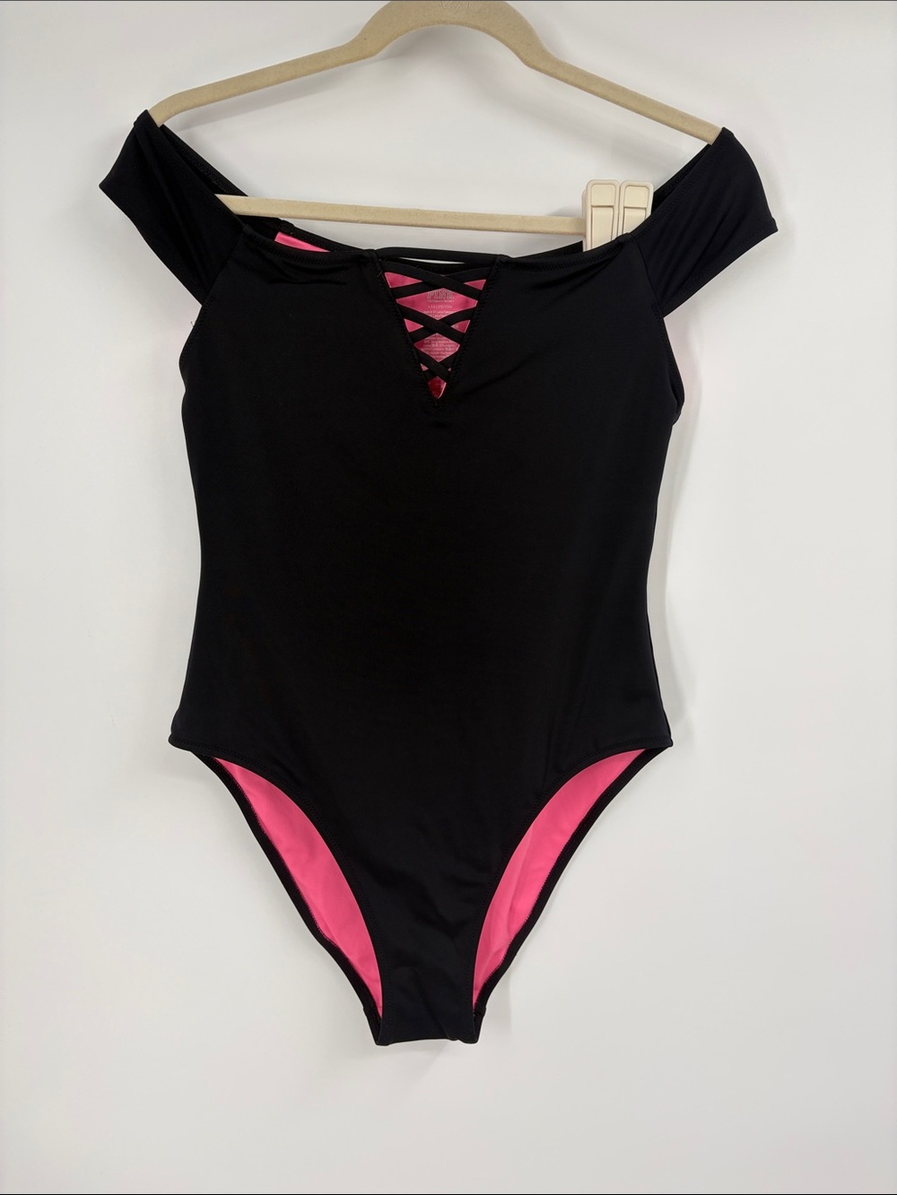 Pink Victorias Secret Black Off the Shoulder One Piece Bathing Suit Large
